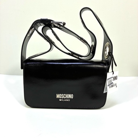 Moschino Couture Metal Logo Crossbody Shoulder Bag Black NWT Eyelets